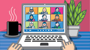 Illustration of computer with a group video call on screen.