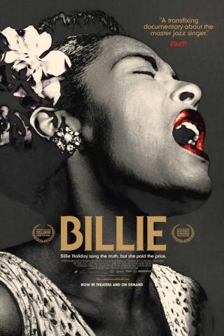 Black-and-white movie poster of the Billie Holliday documentary, "Billie"